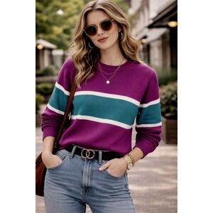 Vintage Wrangler Kids Sweater Purple Teal Striped Knit Crewneck Made in USA Med